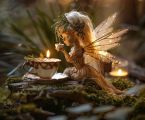 A serene fairy lifts a tiny teacup to her lips, seated before a beautiful teacup with a candle inside - a moment of grace and magic.