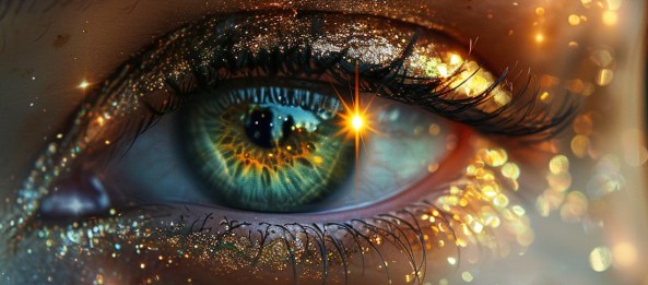 Close-up of a green and gold eye glowing with starlight and shimmering cosmic dust, symbolizing insight, vision, and sacred awareness.