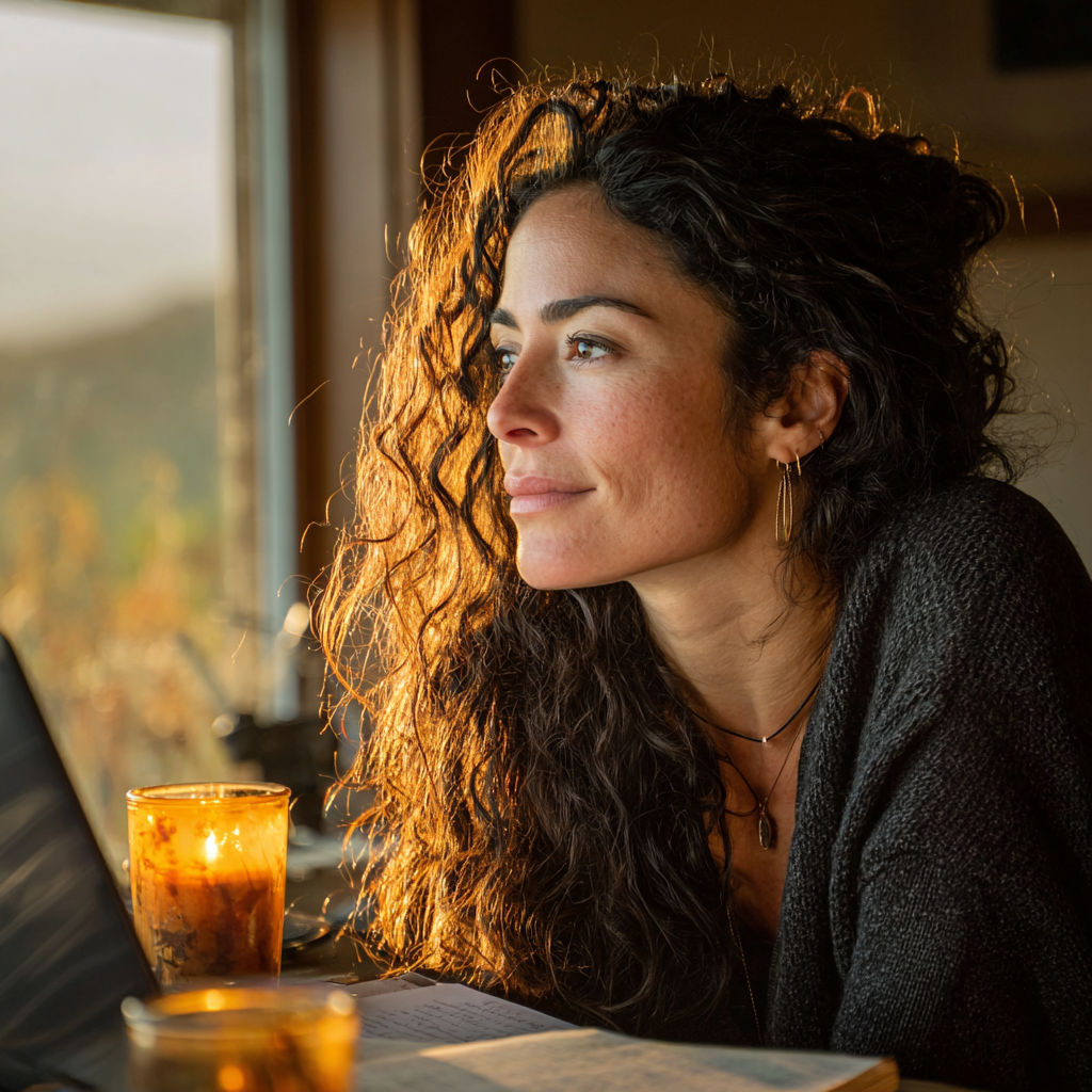 Woman in her 30s with long, curly dark hair sits at a desk near a window during golden hour, looking engaged and introspective. A glowing candle flickers nearby.