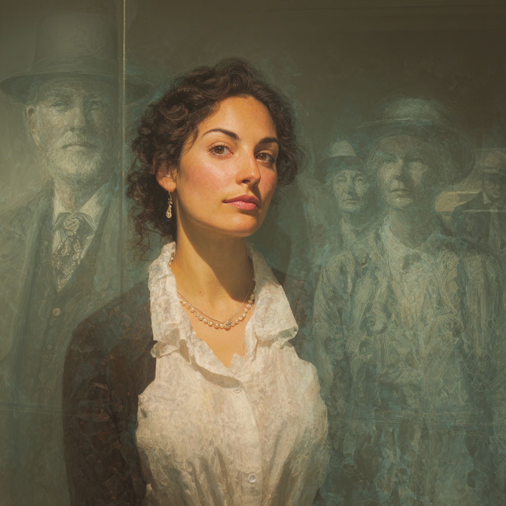 A woman with olive skin, dark hair, and a quiet strength gazes forward, as ghostlike ancestors from different eras stand behind her — a visual metaphor for inherited family patterns, soul lineage, and the work of healing through Astrology with Michelle Gregg.