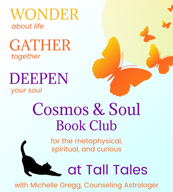 Cosmos & Soul Book Club opening gathering poster with butterflies, black cat, and event details for Tall Tales Book Shop