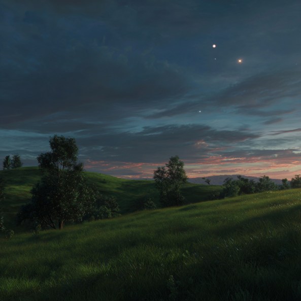 A twilight landscape of rolling green hills under an atmospheric, purple sky featuring the June 2026 Venus-Jupiter conjunction. The two bright planets align closely in the western sky above the horizon's sunset glow, illustrating the powerful astrological transit of abundance and planetary alignment.