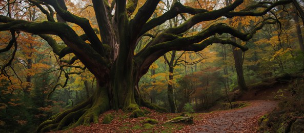 Ancient moss-covered tree beside a winding path through an autumn forest