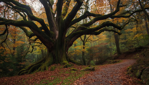 Ancient moss-covered tree beside a winding path through an autumn forest