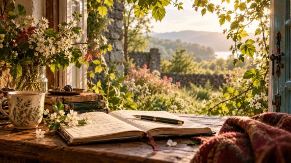 Sunlit French cottage workspace with an open window overlooking a lush garden and distant hills.